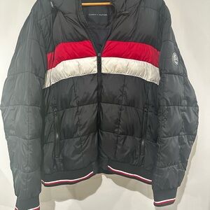 Tommy Hilfiger Puffer Jacket Mens XL Black Red White Hooded Full Zip Coat